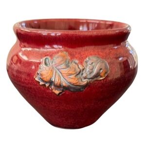 Signed Katie Taylor Red Art Pottery Bowl Vase 4" Studio Drip Glaze Leaf